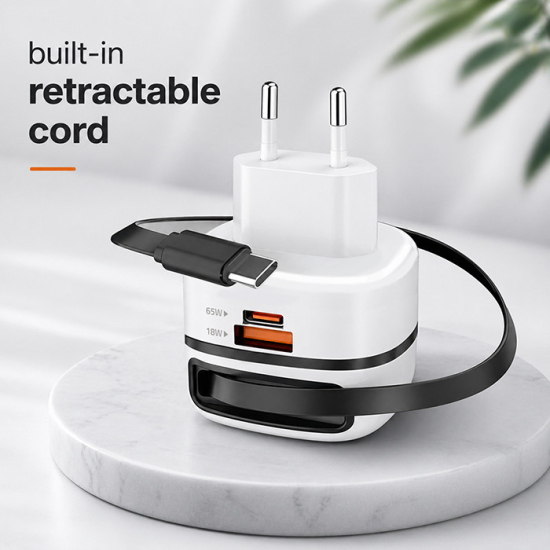 Ładowarka sieciowa GaN USB-C 65W 5-20V 3-3.25A Super Fast wysuwany kabel Qoltec 51784