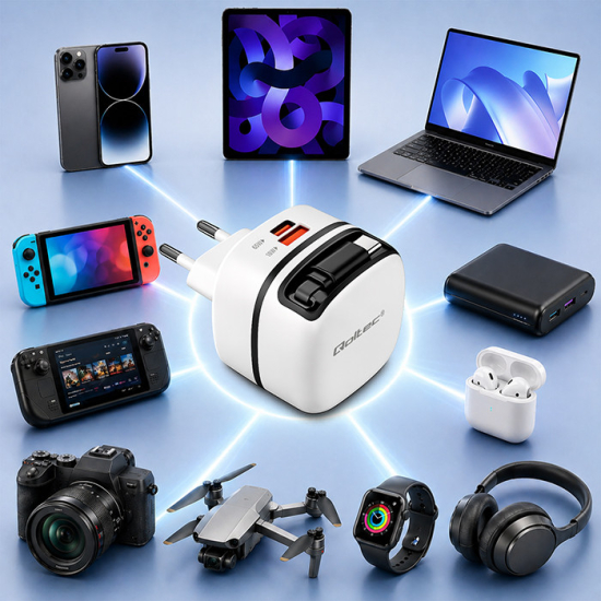 Ładowarka sieciowa GaN USB-C 65W 5-20V 3-3.25A Super Fast wysuwany kabel Qoltec 51784