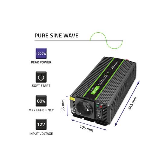 Przetwornica napięcia Monolith 600W / 1200W 12V na 230V Czysty Sinus Qoltec 51933