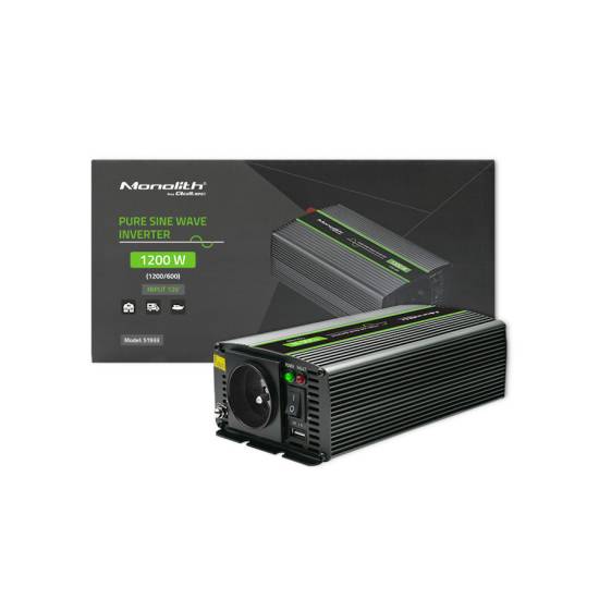 Przetwornica napięcia Monolith 600W / 1200W 12V na 230V Czysty Sinus Qoltec 51933