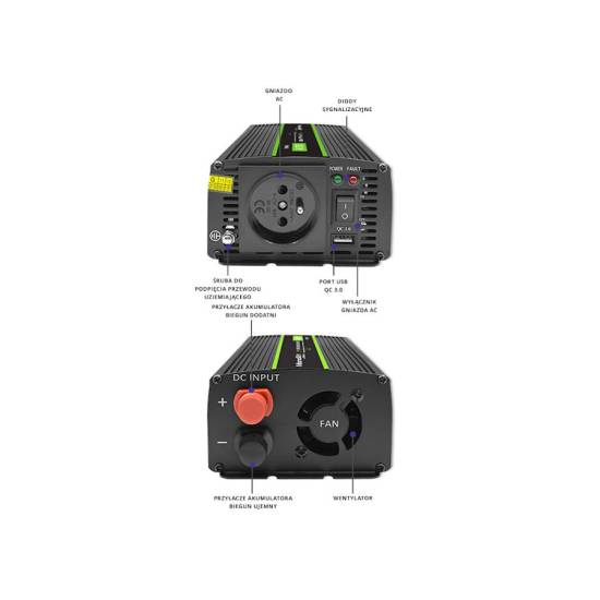 Przetwornica napięcia Monolith 600W / 1200W 12V na 230V Czysty Sinus Qoltec 51933