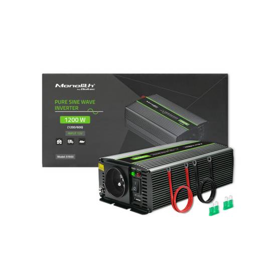 Przetwornica napięcia Monolith 600W / 1200W 12V na 230V Czysty Sinus Qoltec 51933