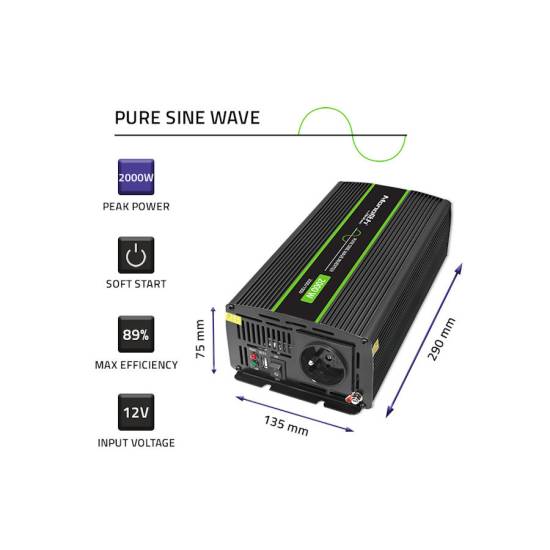 Przetwornica napięcia Monolith 1000W / 2000W 12V na 230V Czysty Sinus Qoltec 51934