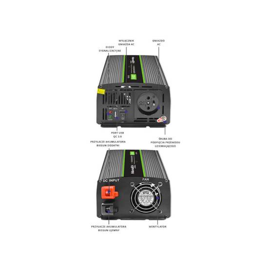Przetwornica napięcia Monolith 1000W / 2000W 12V na 230V Czysty Sinus Qoltec 51934