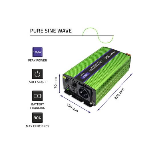 Przetwornica napięcia z ładowaniem baterii Monolith 600W / 1200W 12V na 230V Czysty Sinus Qoltec 51941