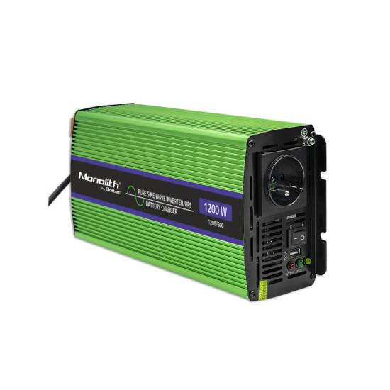 Przetwornica napięcia z ładowaniem baterii Monolith 600W / 1200W 12V na 230V Czysty Sinus Qoltec 51941