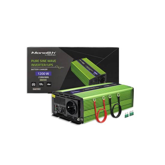 Przetwornica napięcia z ładowaniem baterii Monolith 600W / 1200W 12V na 230V Czysty Sinus Qoltec 51941