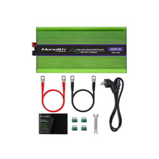 Przetwornica napięcia z ładowaniem baterii Monolith 1000W / 2000W 12V na 230V Czysty Sinus Qoltec 51942