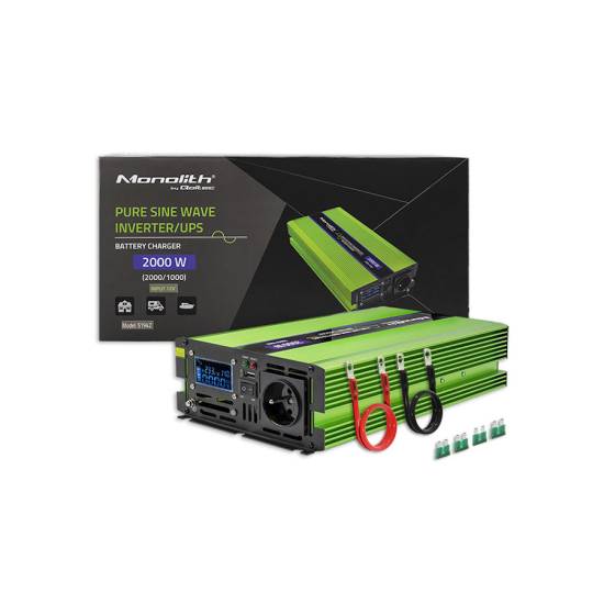 Przetwornica napięcia z ładowaniem baterii Monolith 1000W / 2000W 12V na 230V Czysty Sinus Qoltec 51942