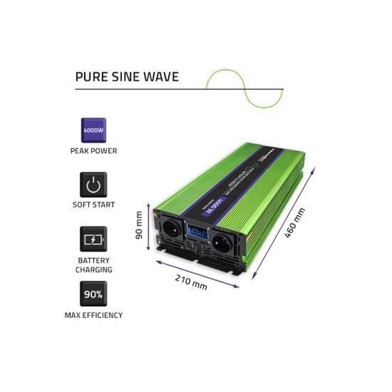 Przetwornica napięcia z ładowaniem baterii Monolith 2000W / 4000W 12V na 230V Czysty Sinus Qoltec 51943