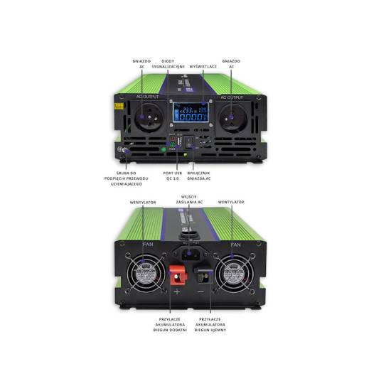 Przetwornica napięcia z ładowaniem baterii Monolith 2000W / 4000W 12V na 230V Czysty Sinus Qoltec 51943
