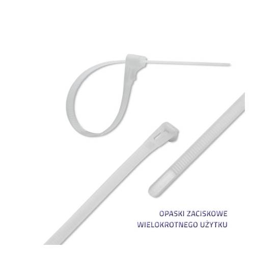 Opaski zaciskowe wielorazowe 100szt 7.2*150mm Nylon66 UV białe Qoltec 52226