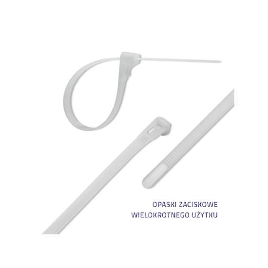 Opaski zaciskowe wielorazowe 100szt 7.2*300mm Nylon66 UV białe Qoltec 52232