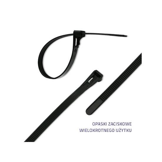 Opaski zaciskowe wielorazowe 100szt 7.2*350mm Nylon66 UV czarne Qoltec 52233