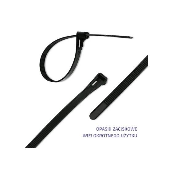 Opaski zaciskowe wielorazowe 100szt 7.2*450mm Nylon66 UV czarne Qoltec 52237