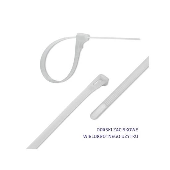Opaski zaciskowe wielorazowe 100szt 7.2*450mm Nylon66 UV białe Qoltec 52238