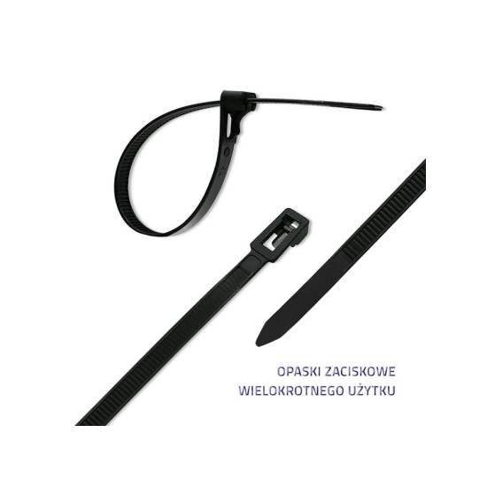 Opaski zaciskowe wielorazowe 100szt 4.8*200mm Nylon66 UV czarne Qoltec 52239