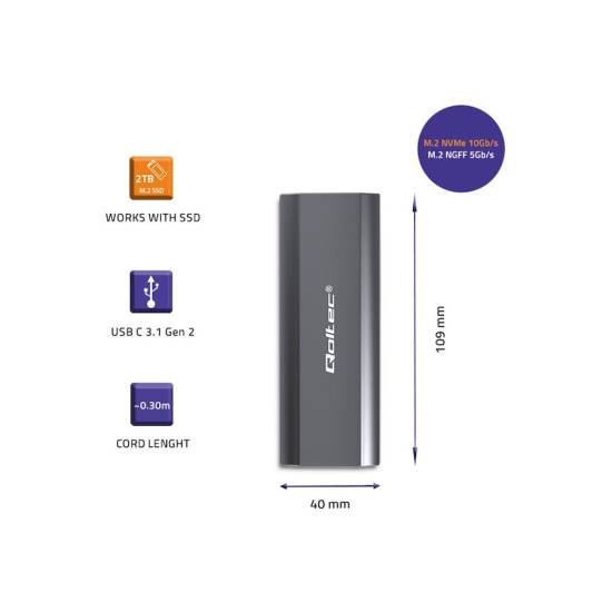 Obudowa SSD M.2 NVMe/SATA USB C 10Gbps Qoltec 52271