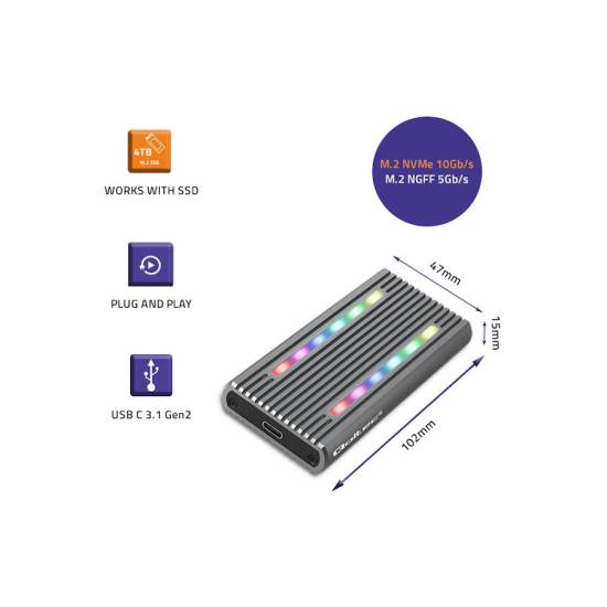 Obudowa SSD M.2 NVMe/SATA USB C 10Gbps RGB LED Qoltec 52272