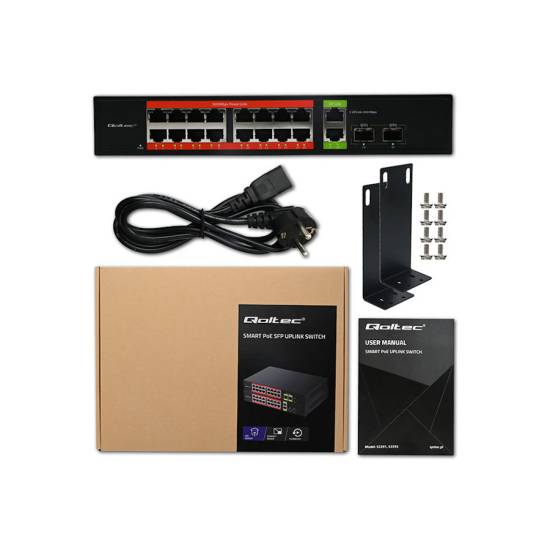 Switch x16 10/100/1000Mbps RJ45 Uplink x2 SFP x2 PoE 250W Qoltec 52292