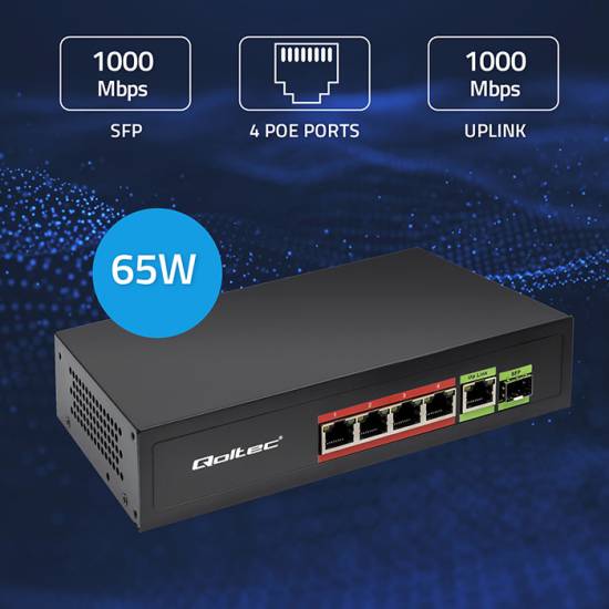 Switch x5 10/100/1000Mbps x1 SFP POE 65W Qoltec 52296