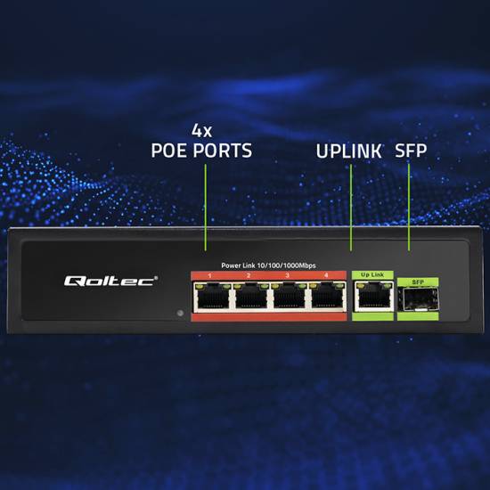 Switch x5 10/100/1000Mbps x1 SFP POE 65W Qoltec 52296