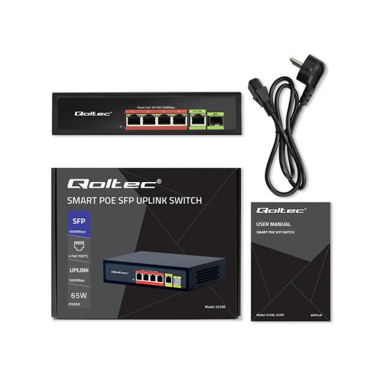Switch x5 10/100/1000Mbps x1 SFP POE 65W Qoltec 52296
