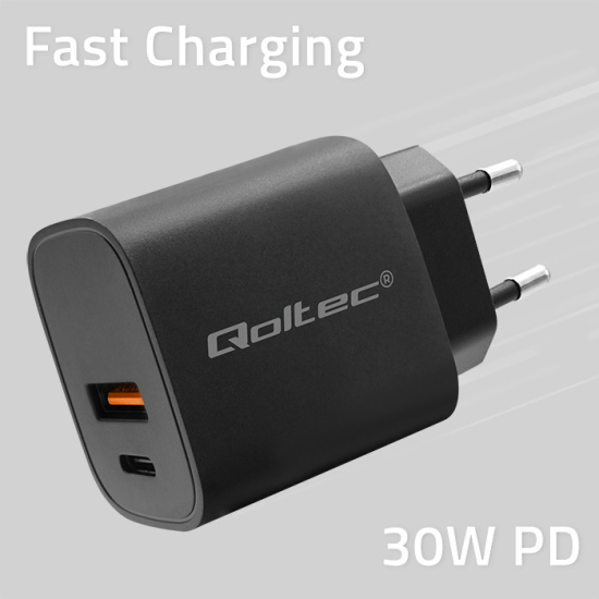 Ładowarka sieciowa GaN USB-C USB-A 30W 5-20V 1.5-3A POWER PRO Qoltec 52377