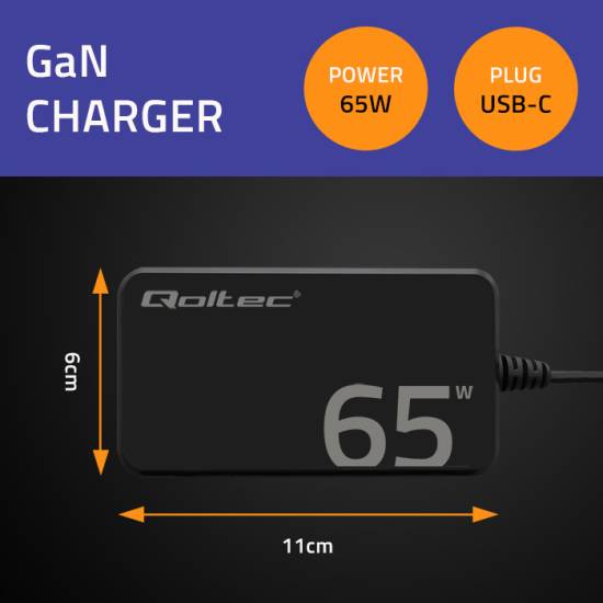 Ładowarka sieciowa GaN USB-C 65W 5-20V 3.25A PD Super Fast SLIM Qoltec 52421