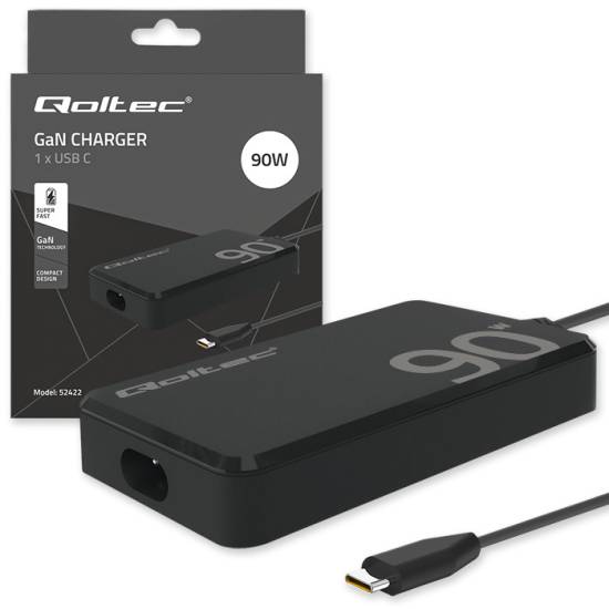 Ładowarka sieciowa GaN USB-C 90W 5-20V 4.5A PD Super Fast SLIM Qoltec 52422