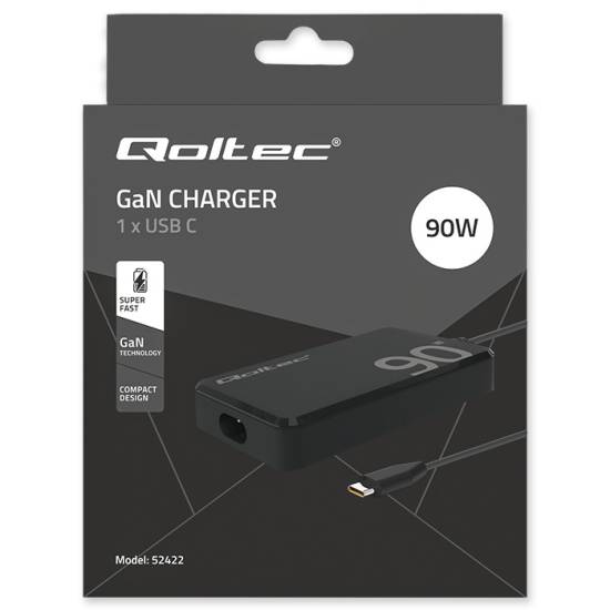 Ładowarka sieciowa GaN USB-C 90W 5-20V 4.5A PD Super Fast SLIM Qoltec 52422