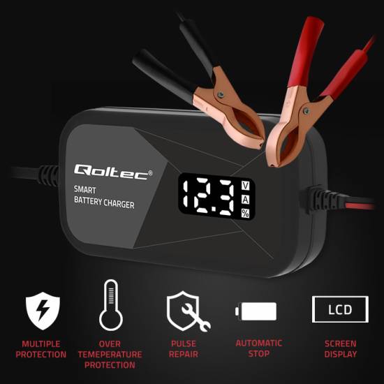 Ładowarka mikroprocesorowa 12V 2A z funkcją regeneracji ogniw do akumulatora AGM GEL Qoltec 52492