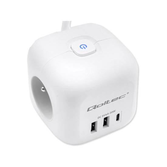 Listwa zasilająca 3-gniazda 2x USB 1x USB-C kostka kabel 2m Qoltec 52547