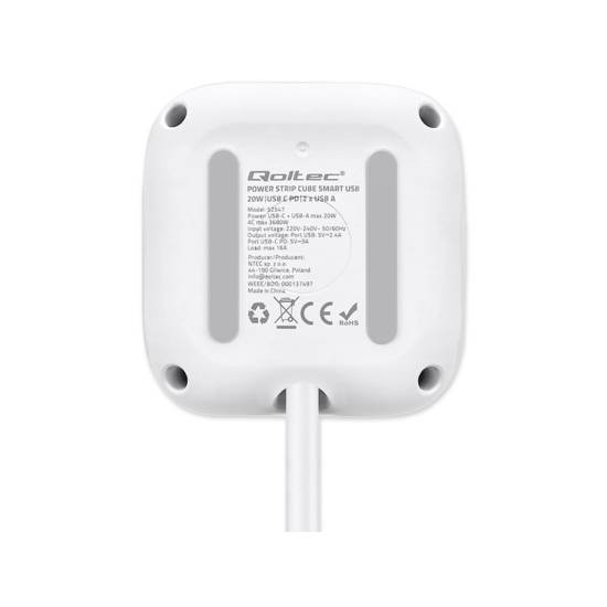 Listwa zasilająca 3-gniazda 2x USB 1x USB-C kostka kabel 2m Qoltec 52547