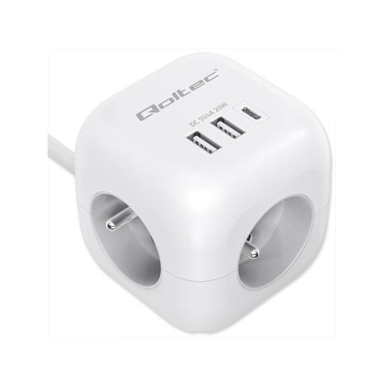 Listwa zasilająca 3-gniazda 2x USB 1x USB-C kostka kabel 2m Qoltec 52547