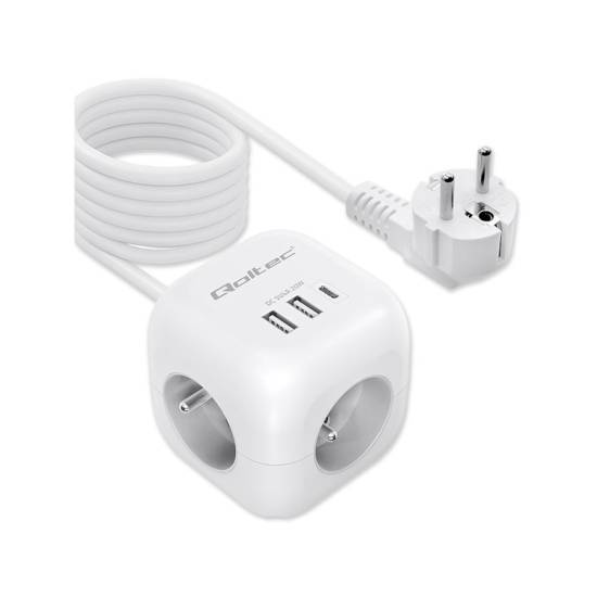 Listwa zasilająca 3-gniazda 2x USB 1x USB-C kostka kabel 2m Qoltec 52547