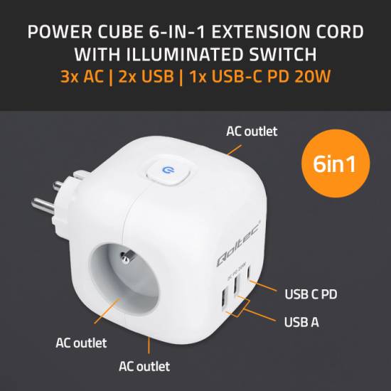 Listwa zasilająca 3-gniazda 2x USB 1x USB-C kostka Qoltec 52548