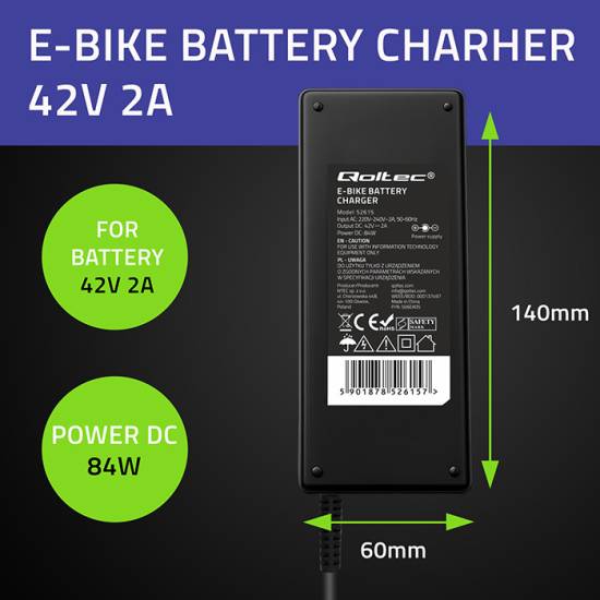 Ładowarka do roweru elektrycznego 36V 42V 2A wtyk 3P XLR-18mm Qoltec 52615