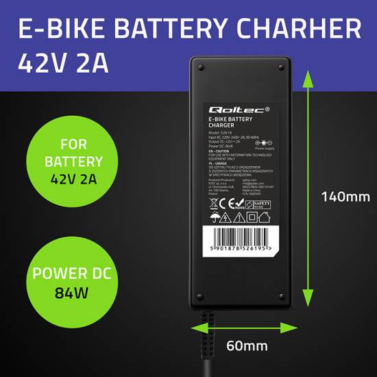 Ładowarka do roweru elektrycznego 36V 42V 2A wtyk GX12-3Pin Qoltec 52619