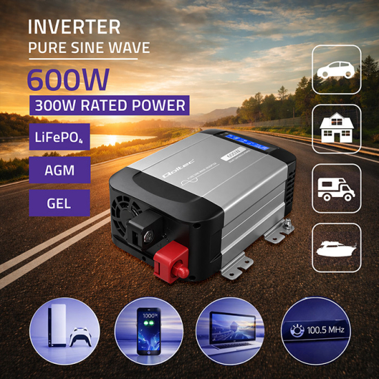 Przetwornica napięcia Pure Sine Wave 300W / 600W 12V na 230V LCD USB USB-C kompatybilna z LiFePO4 GEL AGM czysty sinus Qoltec 52687