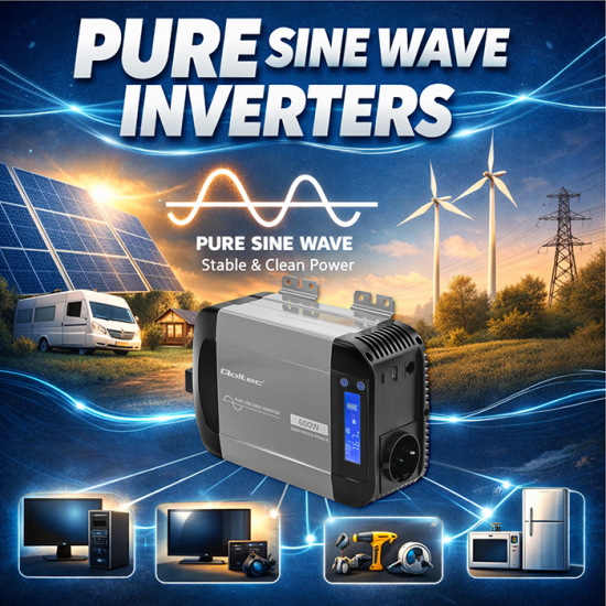 Przetwornica napięcia Pure Sine Wave 300W / 600W 12V na 230V LCD USB USB-C kompatybilna z LiFePO4 GEL AGM czysty sinus Qoltec 52687