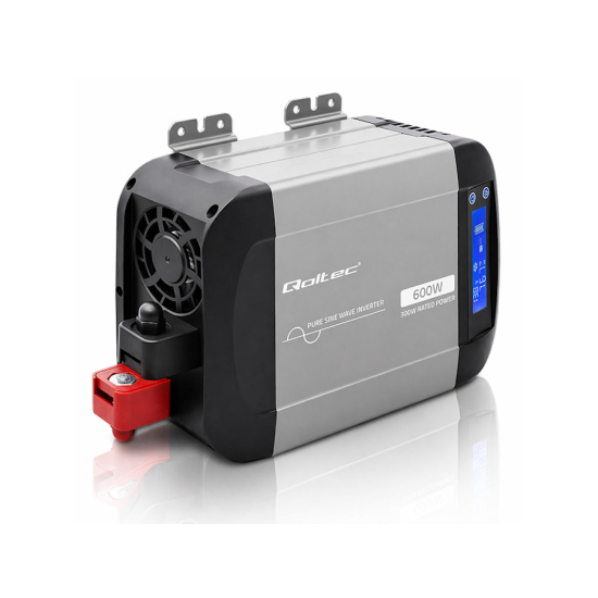 Przetwornica napięcia Pure Sine Wave 300W / 600W 12V na 230V LCD USB USB-C kompatybilna z LiFePO4 GEL AGM czysty sinus Qoltec 52687