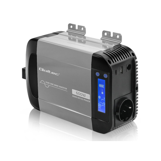 Przetwornica napięcia Pure Sine Wave 300W / 600W 12V na 230V LCD USB USB-C kompatybilna z LiFePO4 GEL AGM czysty sinus Qoltec 52687