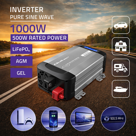 Przetwornica napięcia Pure Sine Wave 500W / 1000W 12V na 230V LCD USB USB-C kompatybilna z LiFePO4 GEL AGM czysty sinus Qoltec 52688