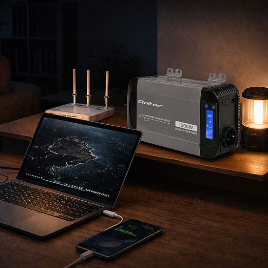 Przetwornica napięcia Pure Sine Wave 500W / 1000W 12V na 230V LCD USB USB-C kompatybilna z LiFePO4 GEL AGM czysty sinus Qoltec 52688