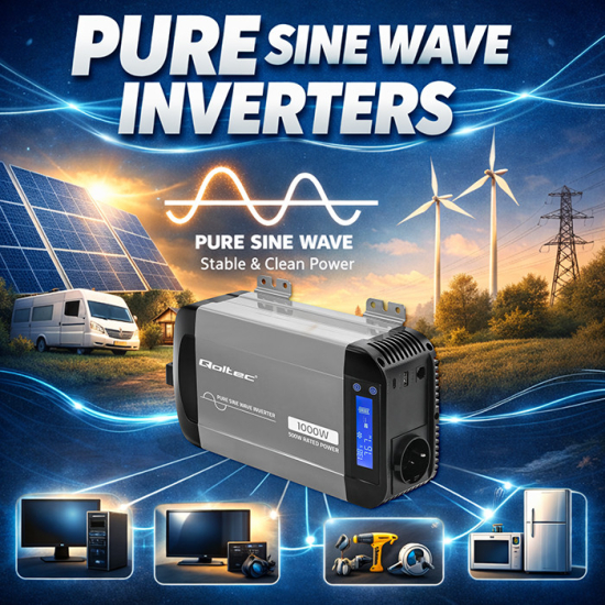 Przetwornica napięcia Pure Sine Wave 500W / 1000W 12V na 230V LCD USB USB-C kompatybilna z LiFePO4 GEL AGM czysty sinus Qoltec 52688