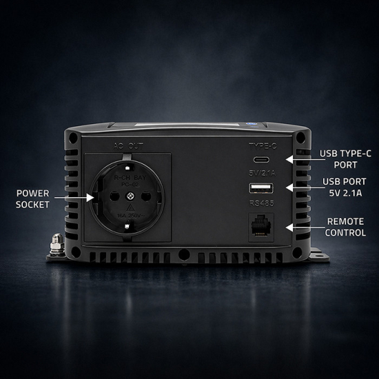Przetwornica napięcia Pure Sine Wave 500W / 1000W 12V na 230V LCD USB USB-C kompatybilna z LiFePO4 GEL AGM czysty sinus Qoltec 52688