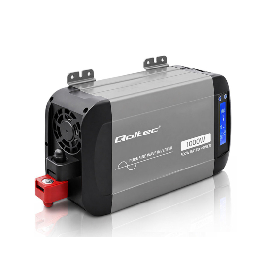 Przetwornica napięcia Pure Sine Wave 500W / 1000W 12V na 230V LCD USB USB-C kompatybilna z LiFePO4 GEL AGM czysty sinus Qoltec 52688