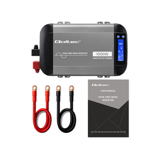 Przetwornica napięcia Pure Sine Wave 500W / 1000W 12V na 230V LCD USB USB-C kompatybilna z LiFePO4 GEL AGM czysty sinus Qoltec 52688