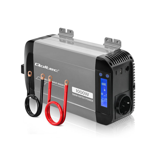 Przetwornica napięcia Pure Sine Wave 500W / 1000W 12V na 230V LCD USB USB-C kompatybilna z LiFePO4 GEL AGM czysty sinus Qoltec 52688